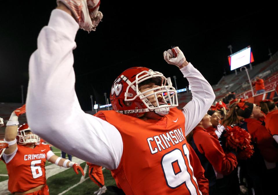 Crimson Cliffs’ Kaimana Leung-Choi celebrates winning a 4A semifinal football game against Ridgeline at Rice-Eccles Stadium in Salt Lake City on Friday, Nov. 10, 2023. Crimson Cliffs won 31-24. | Kristin Murphy, Deseret News