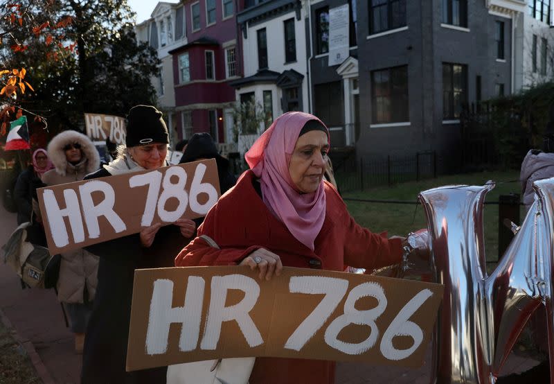 FILE PHOTO: Protesters call for a permanant ceasefire amid the ongoing conflict between Israel and the Palestinian group Hamas in Washington, U.S.