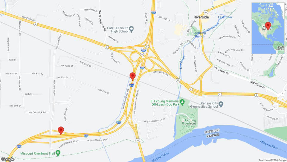 A detailed map that shows the affected road due to 'Traffic alert issued due to heavy rain conditions on southbound I-635 in Riverside' on July 2nd at 9:36 p.m.