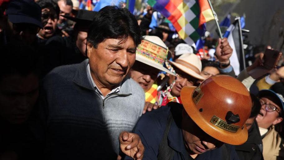 Former Bolivian President Evo Morales (C) arrives at the Supreme Electoral Court headquarters in La Paz, Bolivia, 10 July 2024. 