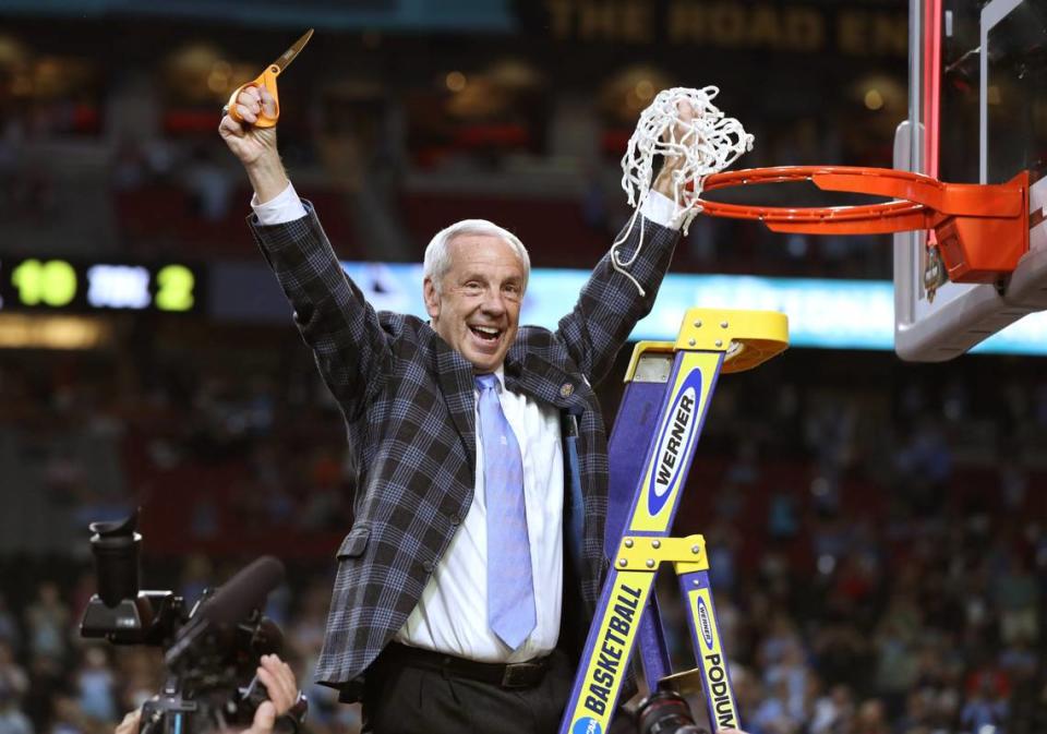 North Carolina head coach Roy Williams celebrates after cutting the net after UNC’s victory over Gonzaga in the NCAA Division I men’s basketball national championship game at the University of Phoenix Stadium in Glendale, AZ, Monday, April 3, 2017.