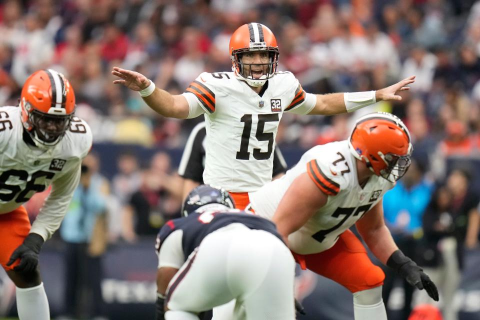 FILE - Cleveland Browns quarterback Joe Flacco (15) motions during the second half of an NFL football game against the Houston Texans, Sunday, Dec. 24, 2023, in Houston.