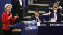 European Commission president Ursula von der Leyen delivers her speech Tuesday, Oct. 19, 2021 at the European Parliament in Strasbourg, eastern France. The European Union's top official locked horns Tuesday with Poland's prime minister Mateusz Morawiecki, arguing that a recent ruling from the country's constitutional court challenging the supremacy of EU laws is a threat to the bloc's foundations and won't be left unanswered. (Ronald Wittek, Pool Photo via AP)