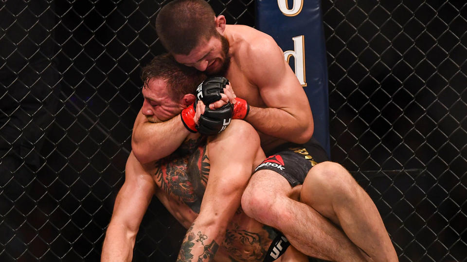 Khabib Nurmagomedov submits Conor McGregor in the fourth round at UFC 229. Pic: Getty