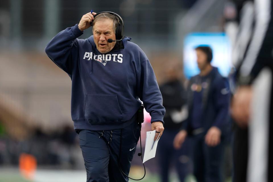 New England Patriots head coach Bill Belichick shouts from the sidelines during the first half of an NFL football game against the Kansas City Chiefs, Sunday, Dec. 17, 2023, in Foxborough, Mass. (AP Photo/Michael Dwyer)