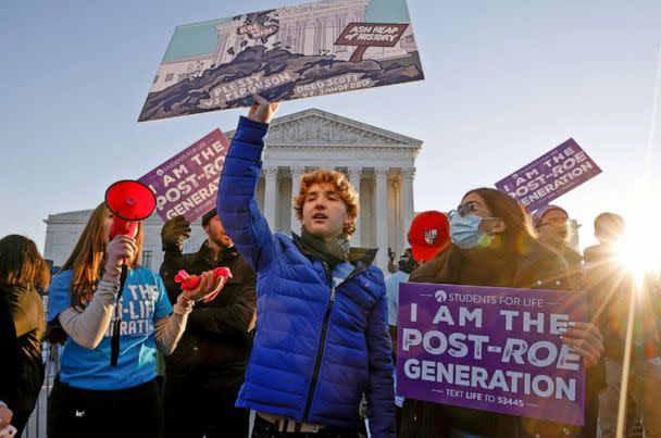 PHOTO: Protesters, demonstrators and activists gather in front of the U.S. Supreme Court as the justices hear arguments in a case about a Mississippi law that bans most abortions after 15 weeks, on Dec. 1, 2021 in Washington, D.C.  (Jonathan Ernst/Reuters)