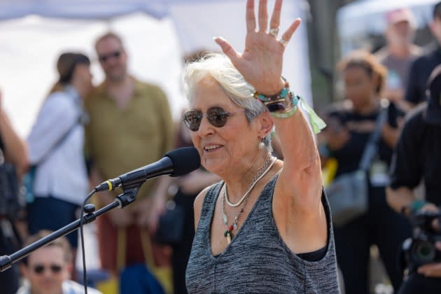 Joan Baez reads her poetry at the Newport Folk Festival on July 27, 2024.  - Credit: Douglas Mason/Getty Images