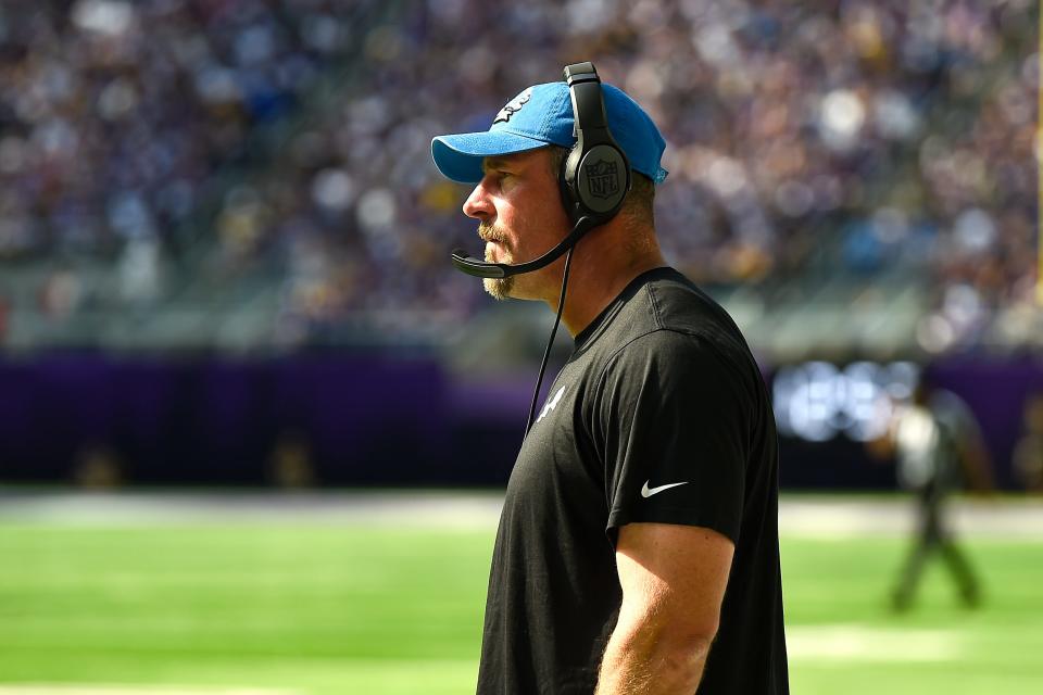 Lions head coach Dan Campbell watches from the sideline during the second half of an NFL football game against the Vikings, Sunday, Sept. 25, 2022, in Minneapolis.