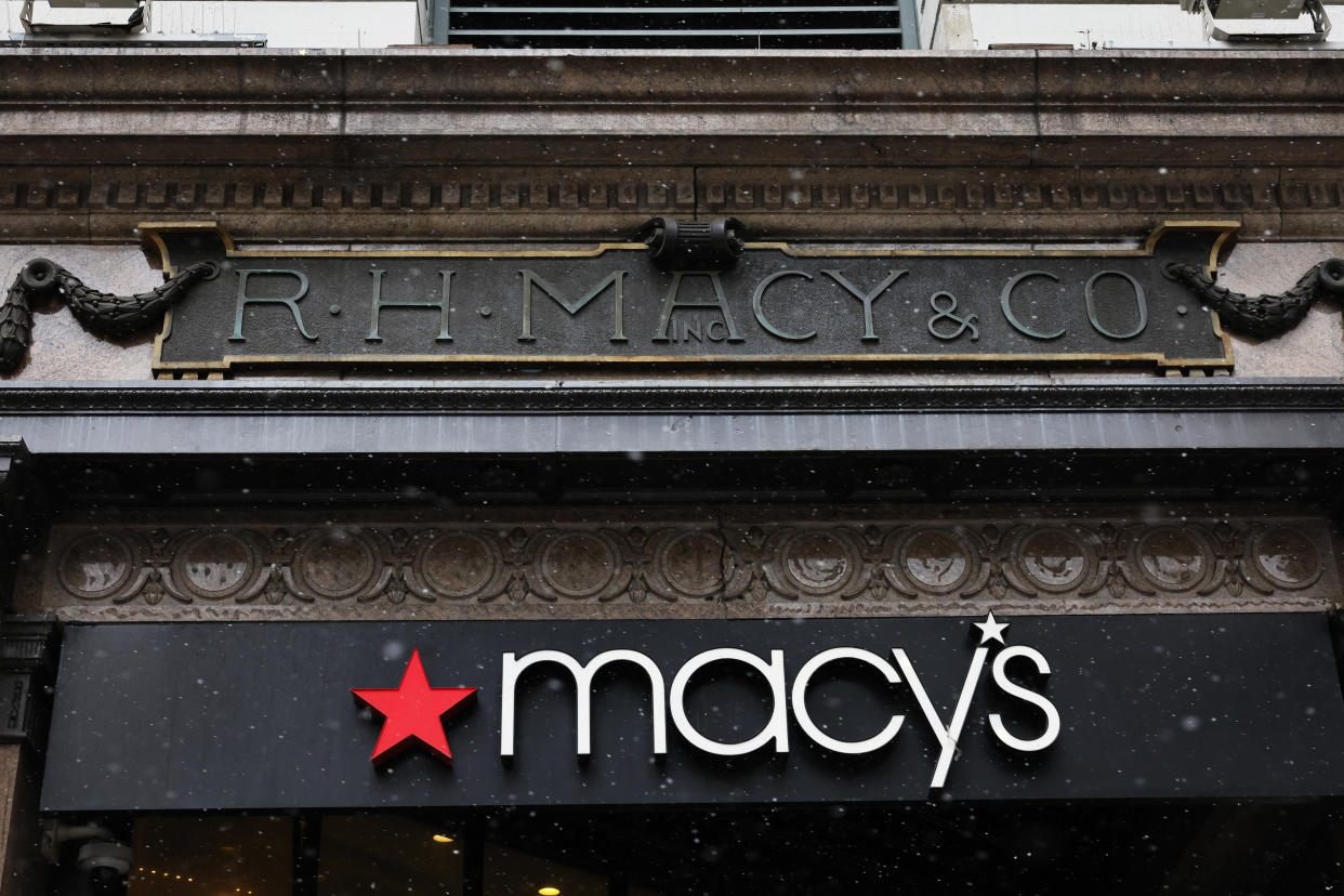 NEW YORK, NEW YORK - JANUARY 19: The Macy's company logo is seen at the Macy's store on Herald Square on January 19, 2024 in New York City. Macy's department-store chain announced that they will be laying off roughly 2,350 employees which is about 3.5% of their workforce. The company says that it will also be closing five stores in order to adjust to the online-shopping era. (Photo by Michael M. Santiago/Getty Images)