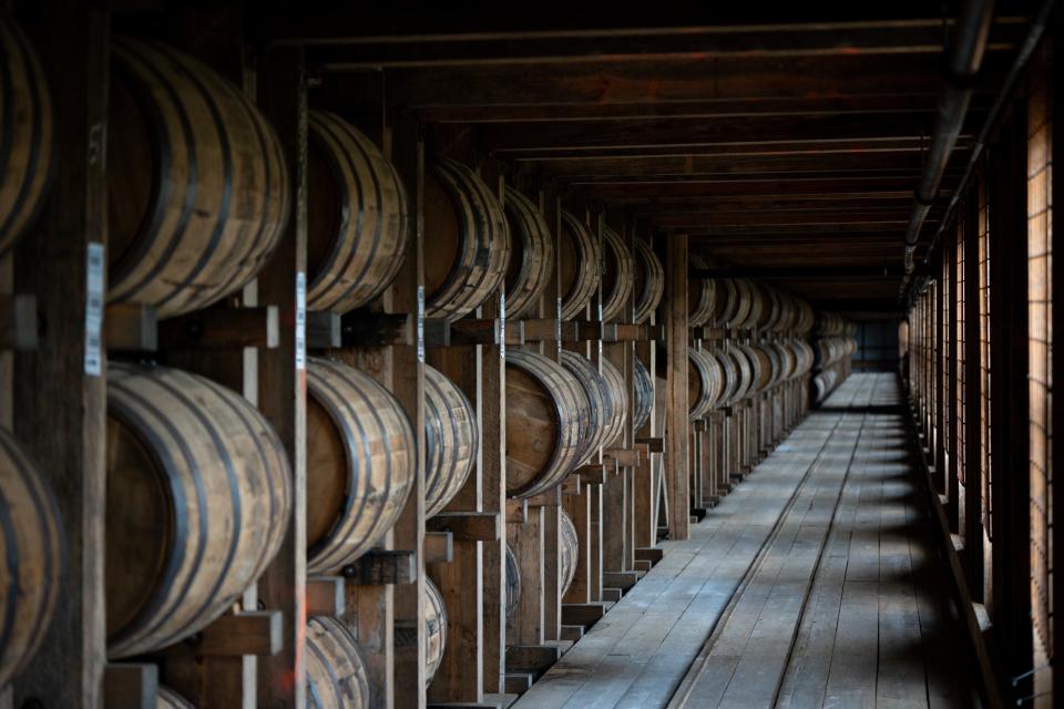 Inside one of Heaven Hill's rickhouses at the Cox Creek Barrel Preserve on Tuesday, June 18, 2024.