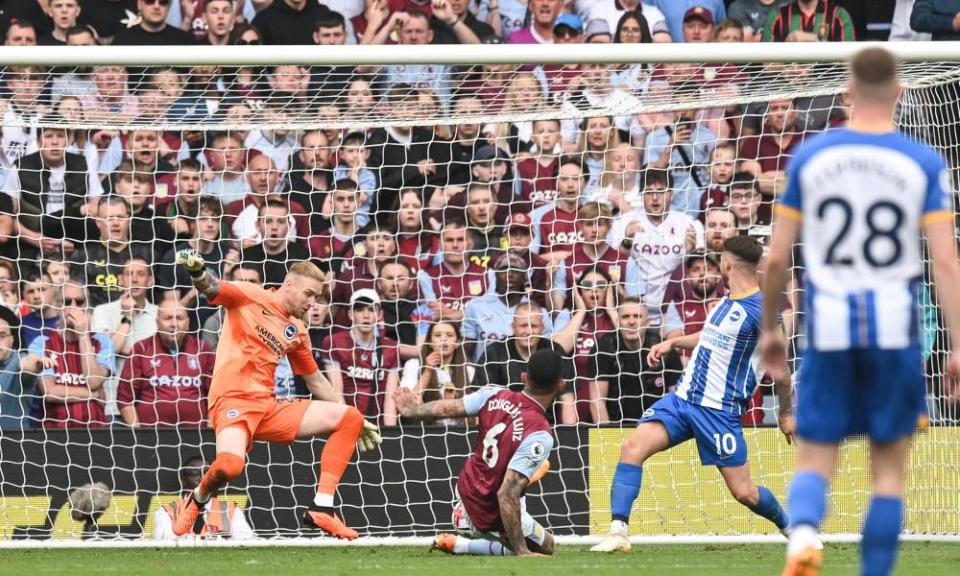 Douglas Luiz scores the first goal in Aston Villa’s 2-1 victory over Brighton at Villa Park.