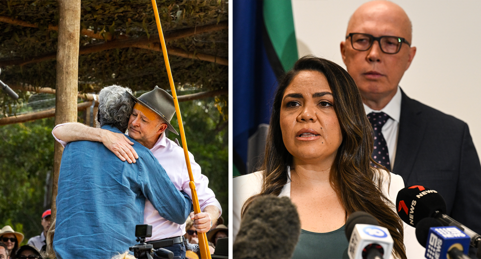 Left - Anthony Albanese holding a spear and hugging a man at the Garma festival. Right - Peter Dutton and Opposition Spokesperson for Indigenous Australians Jacinta Nampijinpa Price at a podium discussing the Voice.