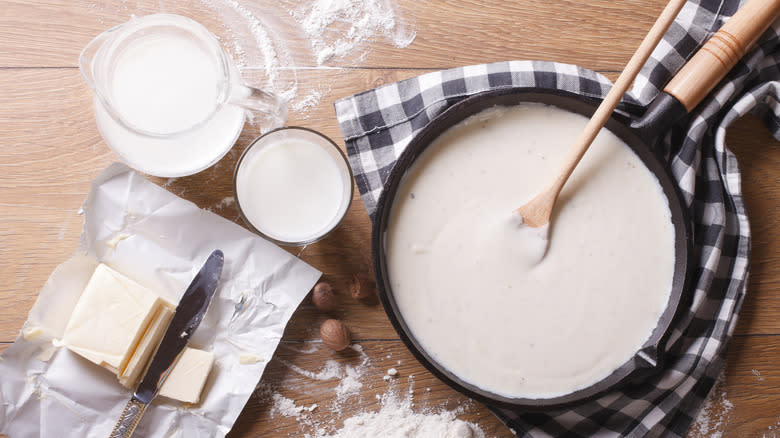 pan of roux next to flour and butter