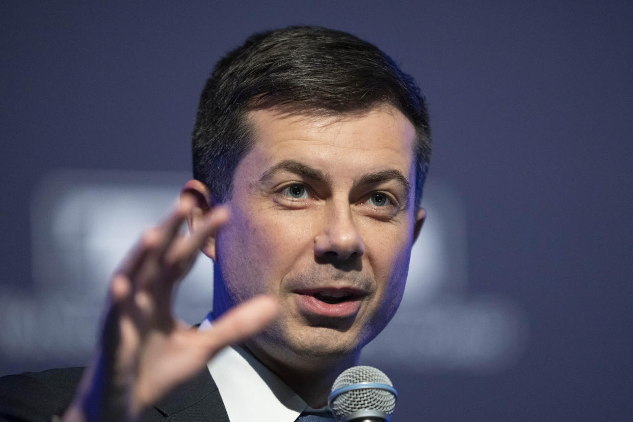 FILE - Transportation Secretary Pete Buttigieg, speaks to the Transportation Research Board gathering in Washington, Jan. 11, 2023. (AP Photo/Manuel Balce Ceneta, File)