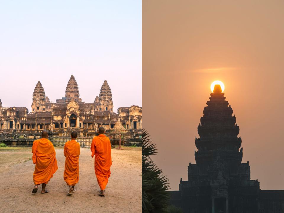 A photo montage shows two different views of Angkor Wat, one a daytime where orange-garbed monks are walking in the forefront, and one at sunrise where the sun rises right behind the center peak of the temple