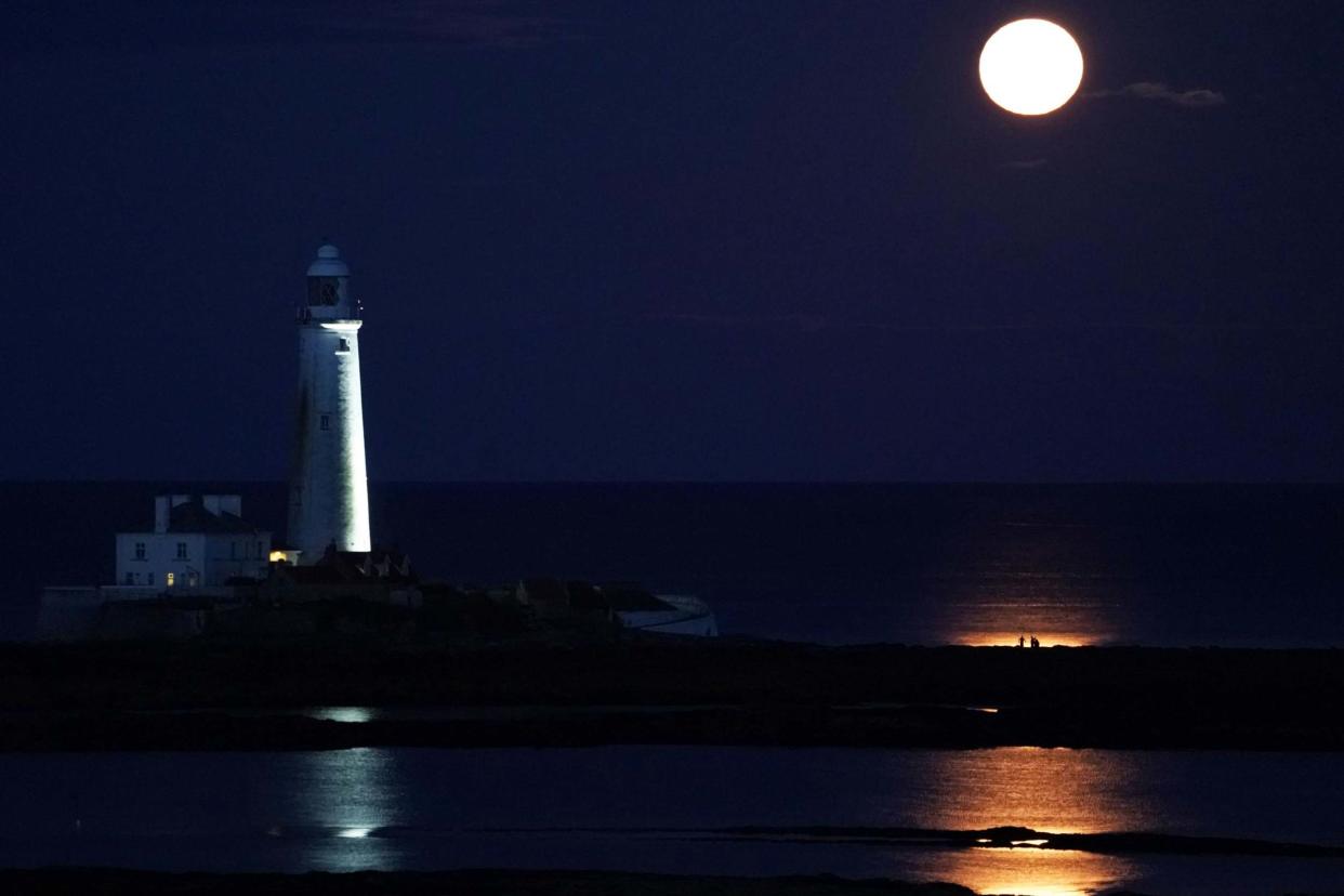 The August Full Moon, known as the  Sturgeon Moon, rises above St Mary's Lighthouse in Whitley Bay (PA)