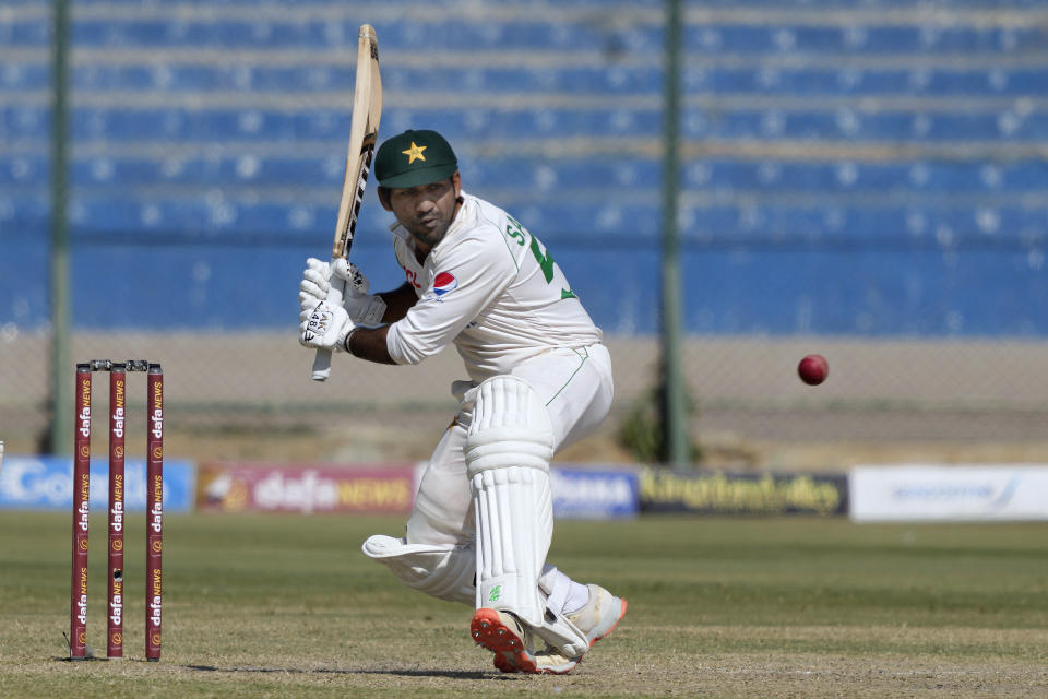Pakistan's Sarfraz Ahmed plays a shot during the third day of the second test cricket match between Pakistan and New Zealand, in Karachi, Pakistan, Wednesday, Jan. 4, 2023. (AP Photo/Fareed Khan)