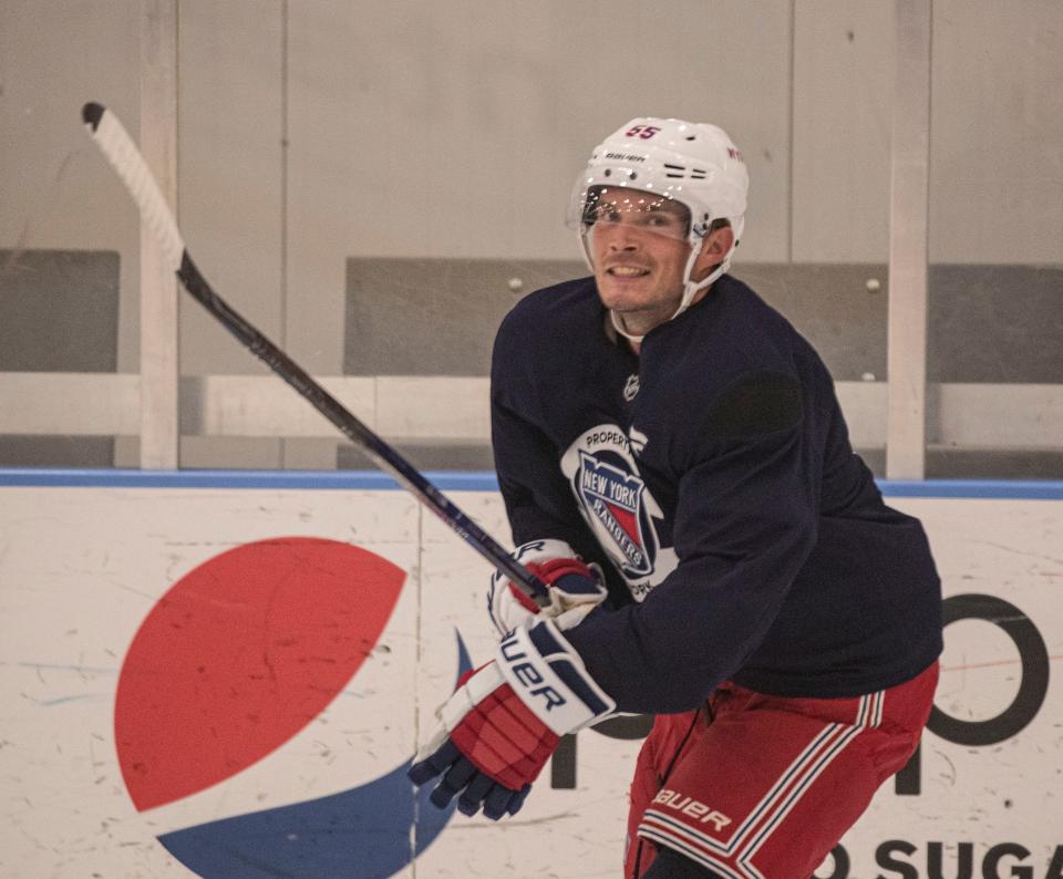 Ryan Lindgren skates during the first day of the New York Rangers training camp at their practice facility in Greenburgh, N.Y. Sept. 19, 2024.