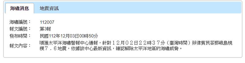 氣象署發布解除海嘯警報資訊。（圖／翻攝自氣象署）