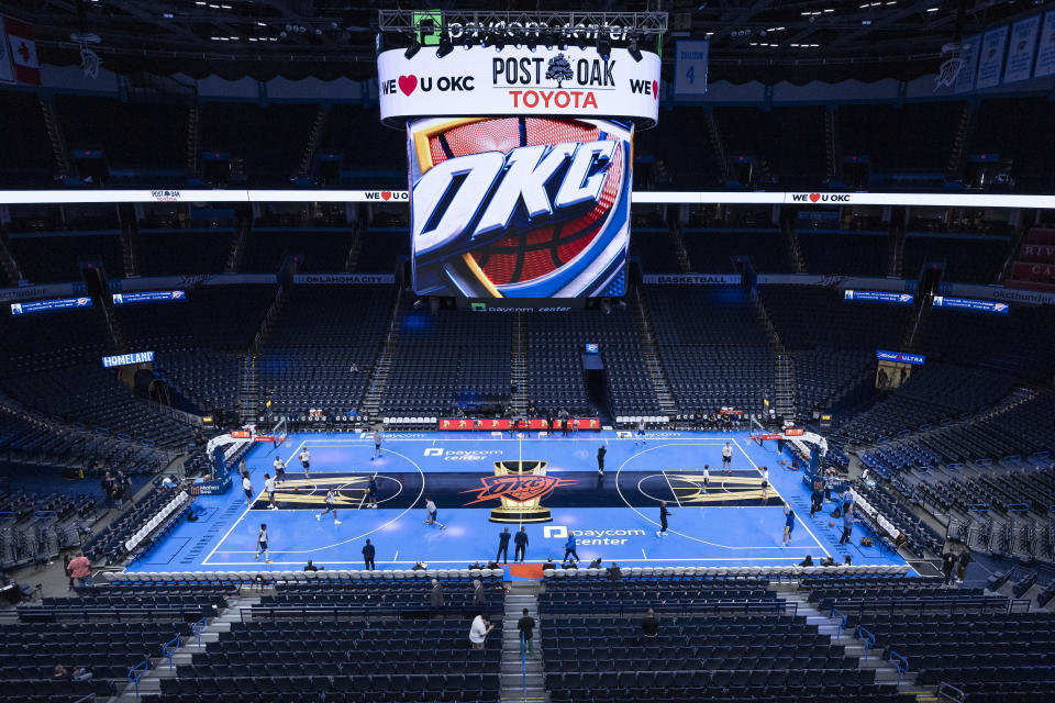 Nov 3, 2023; Oklahoma City, Oklahoma, USA; A view of the tournament court before the game between the Golden State Warriors and Oklahoma City Thunder at Paycom Center. Mandatory Credit: Alonzo Adams-USA TODAY Sports