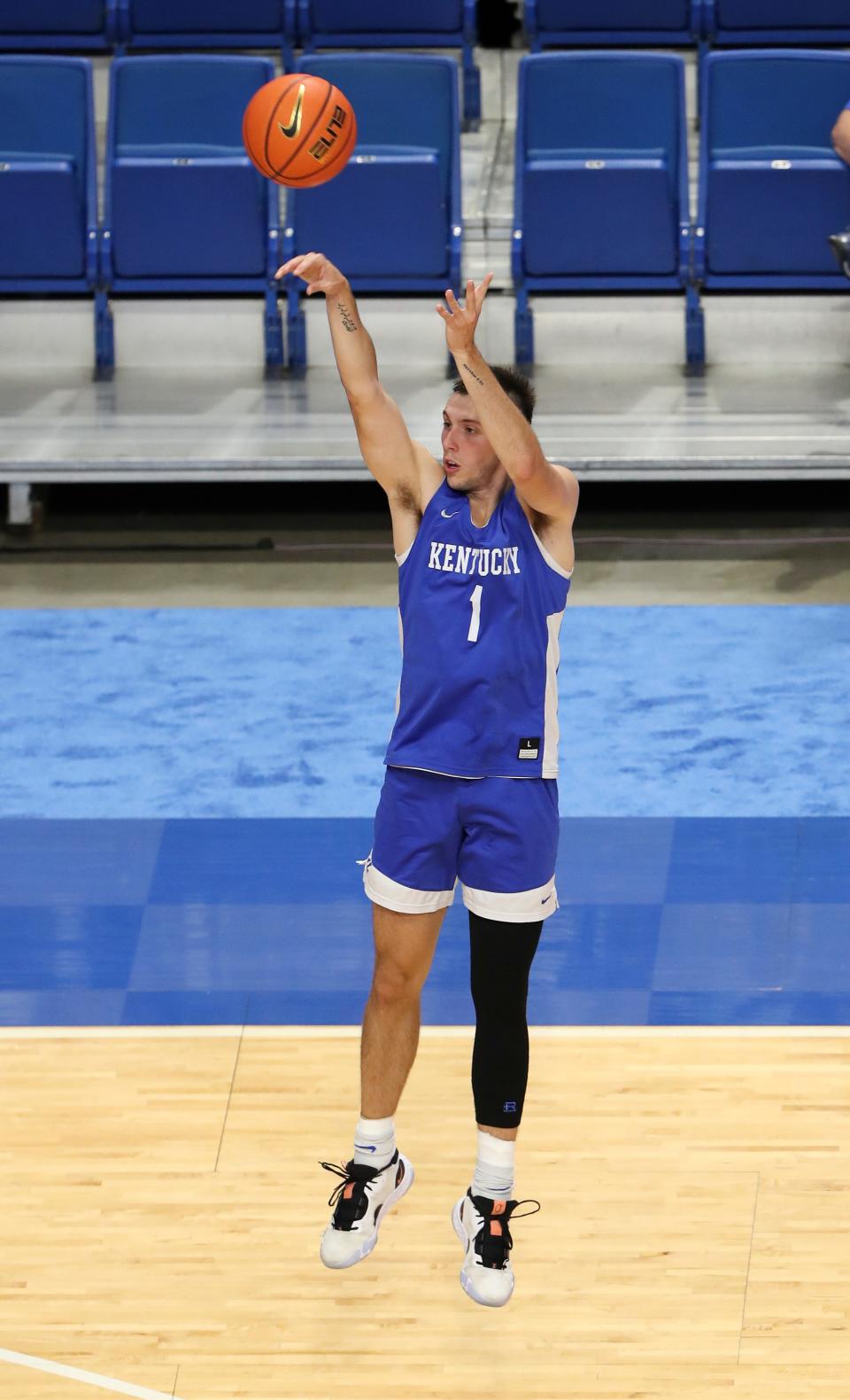 UK’s CJ Fredrick (1) shoots during a practice/scrimmage at Rupp Arena in Lexington, Ky. on Aug. 2, 2022 to raise relief funds for the victims of the floods in Eastern Kentucky.  