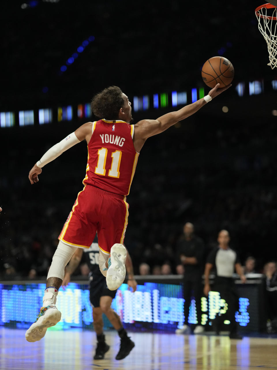 Atlanta Hawks' Young Trae shoots against the Orlando Magic during the second half of an NBA basketball game, at the Mexico Arena in Mexico City, Thursday, Nov. 9, 2023. (AP Photo/Eduardo Verdugo)