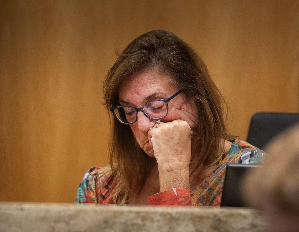 Sanda Andrews reacts as she listens as her 911 tape is played for jurors in David Marshall Murdock first degree murder trial in court in Bartow Fl. Monday March 11, 2024.Murdock is on trial for the murder of his former girlfriend Lisa Bunce and attempted murder for the shooting of Sanda Andrews in 2019 at Andrews home in Haines City.
Ernst Peters/The Ledger