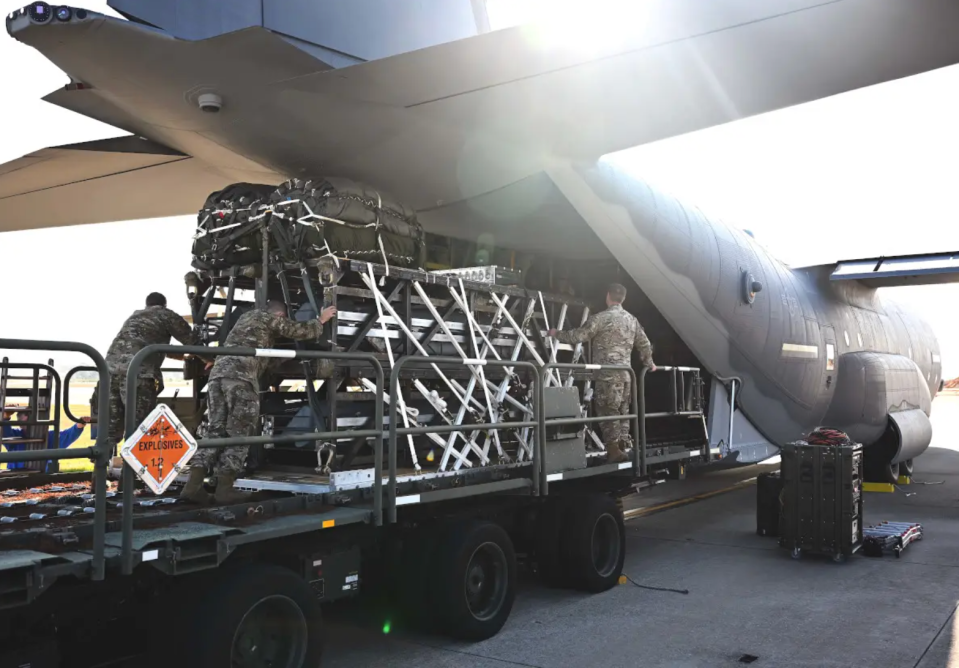 Palletized JASSM munitions are loaded onto an MC-130J during a Rapid Dragon test in late 2021. <em>U.S. Air Force</em>