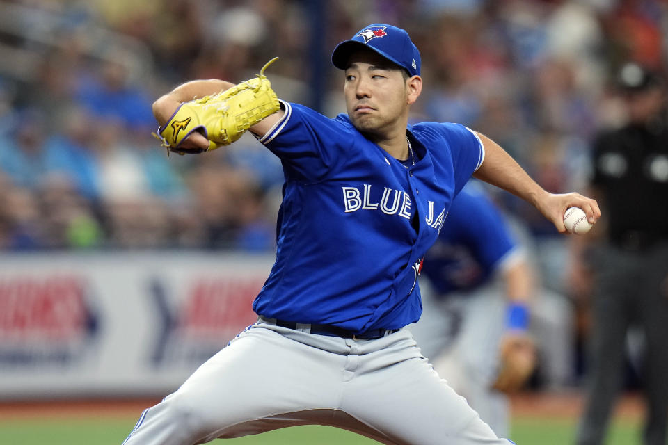 Toronto Blue Jays starting pitcher Yusei Kikuchi, of Japan, goes into his windup against the Tampa Bay Rays during the third inning of a baseball game Wednesday, Aug. 3, 2022, in St. Petersburg, Fla. (AP Photo/Chris O'Meara)