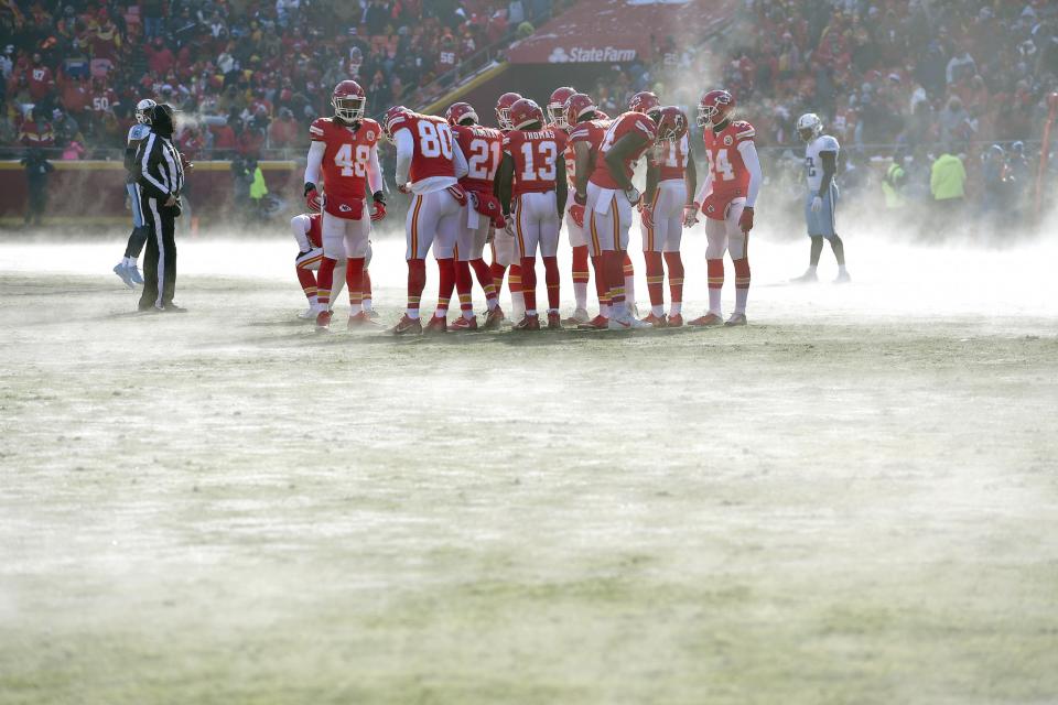 <p>Fog rises from the heated field around the Kansas City Chiefs before the start of a football game against the Tennessee Titans on Sunday, Dec. 18, 2016 at Arrowhead Stadium in Kansas City, Mo. (John Sleezer/Kansas City Star/TNS via Getty Images) </p>
