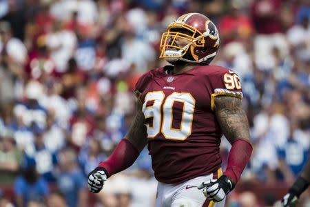 Sep 16, 2018; Landover, MD, USA; Washington Redskins nose tackle Ziggy Hood (90) celebrates against the Indianapolis Colts during the first half at FedEx Field. Mandatory Credit: Scott Taetsch-USA TODAY Sports