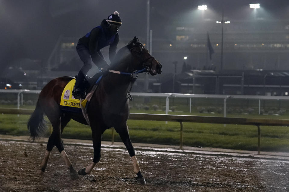 Kentucky Derby entrant Epicenter works out at Churchill Downs on Friday, May 6, 2022, in Louisville, Ky. The race scheduled for Saturday, May 7. (AP Photo/Brynn Anderson)