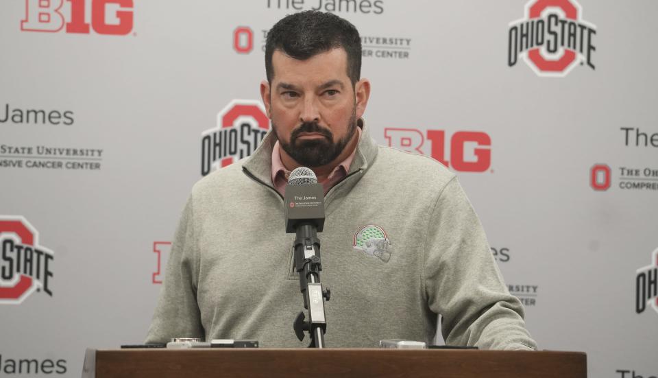 Dec 3, 2023; Columbus, Ohio, USA; Ohio State University footbal coach Ryan Day looks dejected as he describes getting shut out of the CFP and going to the Cotton Bowl to face Missouri.