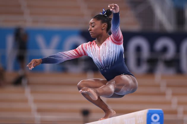 Simone Biles of Team United States competes in the Women's Balance Beam Final on day 11 of the Tokyo 2020 Olympic Games. (Photo: Elsa via Getty Images)