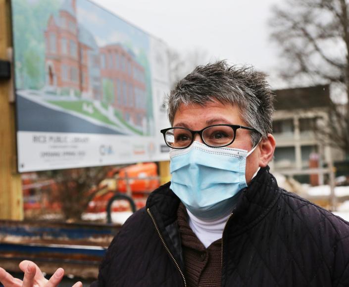 Town Manager Kendra Amaral leads a site walk of Kittery&#39;s Rice Public Library, currently undergoing an expansion and renovation, on Friday, Feb. 4, 2022. The library is set to have a grand reopening in the spring.