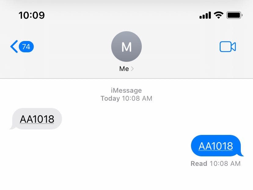 A screenshot of someone texting a flight number to themselves.