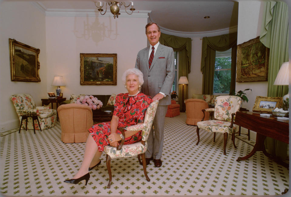 George H.W. Bush and Barbara Bush at the Vice President's residence circa 1983 in in Washington, DC.