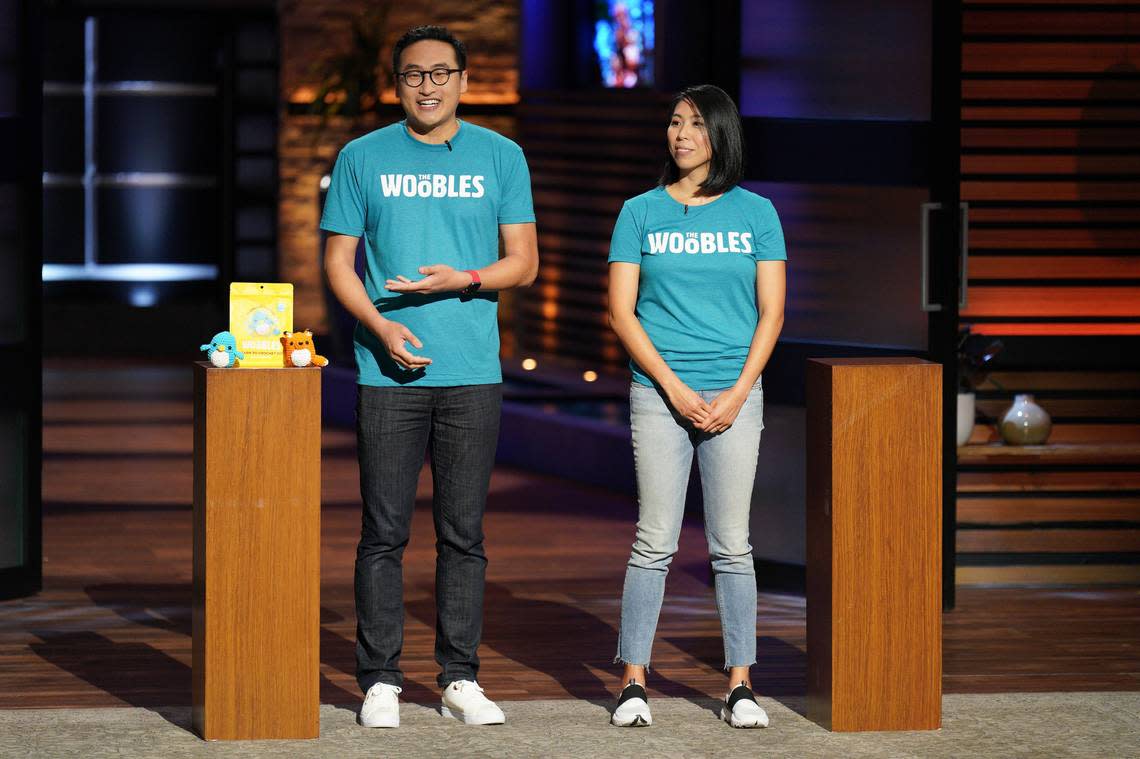 Adrian Zhang and Justine Tiu, founders and husband-and-wife team behind The Woobles, appear on ABC’s “Shark Tank” Sept. 30, 2022.