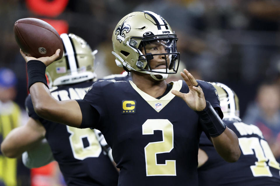 New Orleans Saints quarterback Jameis Winston passes during the first half of an NFL football game against the Tampa Bay Buccaneers in New Orleans, Sunday, Sept. 18, 2022. (AP Photo/Butch Dill)