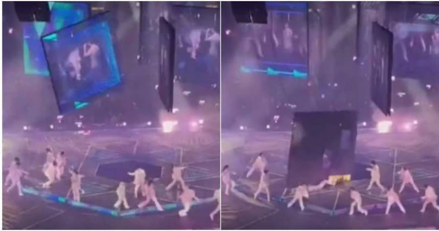 香港男團MIRROR在紅館表演時，大型螢幕不甚墜落，擊中2名舞者。（圖／翻攝自TikTok@leewra1）