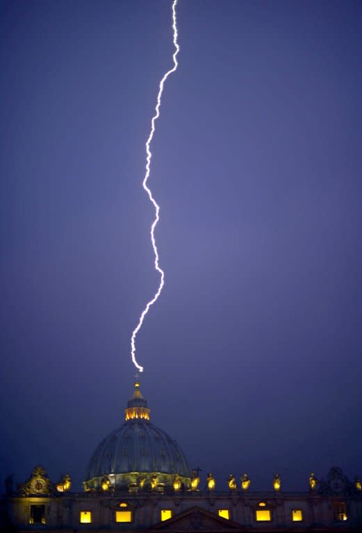 Lightning strikes St Peter's dome at the Vatican on February 11, 2013