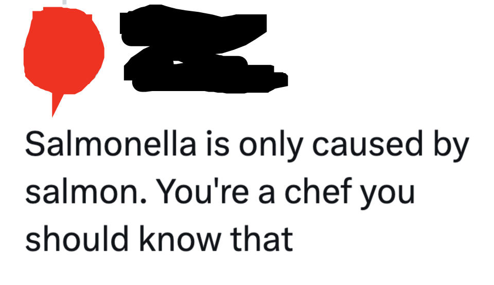 "Salmonella is only caused by salmon; you're a chef, you should know that"