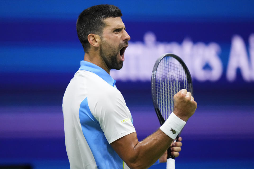 Novak Djokovic, of Serbia, reacts during a match against Ben Shelton, of the United States, during the men's singles semifinals of the U.S. Open tennis championships, Friday, Sept. 8, 2023, in New York. (AP Photo/Frank Franklin II)