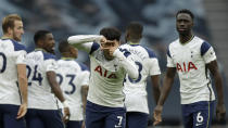 Tottenham's Son Heung-min celebrates after scoring the opening goal during the English Premier League soccer match between Tottenham Hotspur and West Ham United at the Tottenham Hotspur Stadium in London, England, Sunday, Oct. 18, 2020. (AP photo/Matt Dunham, Pool)