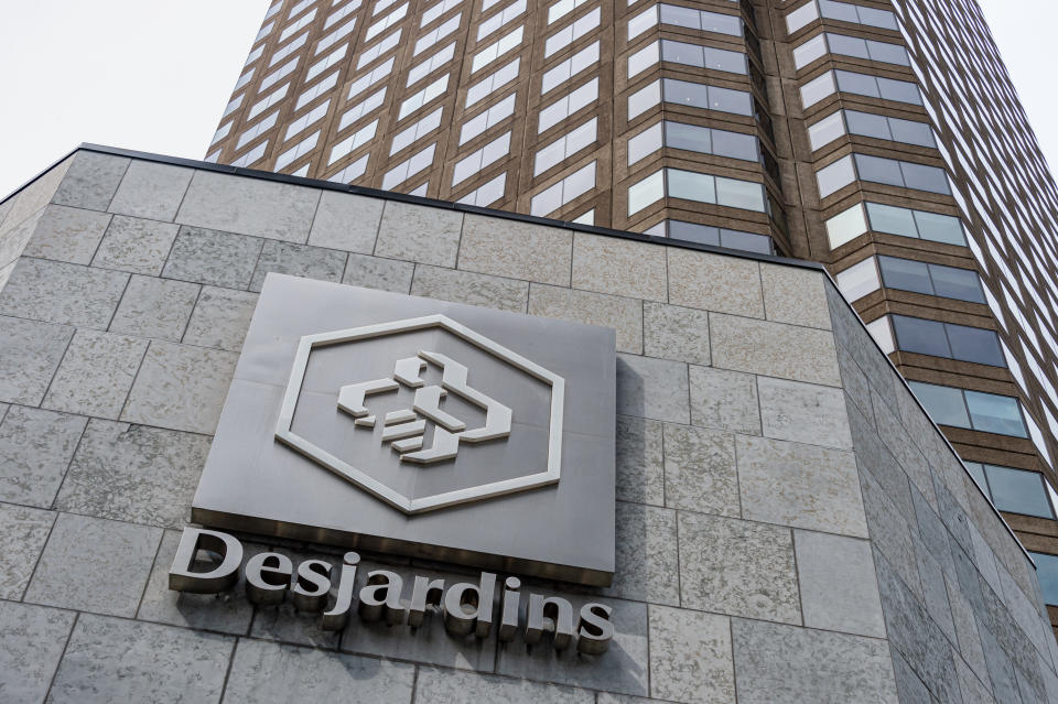 Montreal, CA - 3 September 2019: Logo of the Mouvement des Caisses Desjardins on the facade of the Complexe Desjardins building.