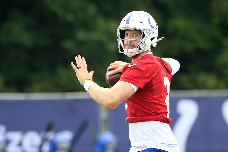 WESTFIELD, INDIANA - JULY 28: Carson Wentz #2 of the Indianapolis Colts throws a pass during the Indianapolis Colts Training Camp at Grand Park on July 28, 2021 in Westfield, Indiana. (Photo by Justin Casterline/Getty Images)