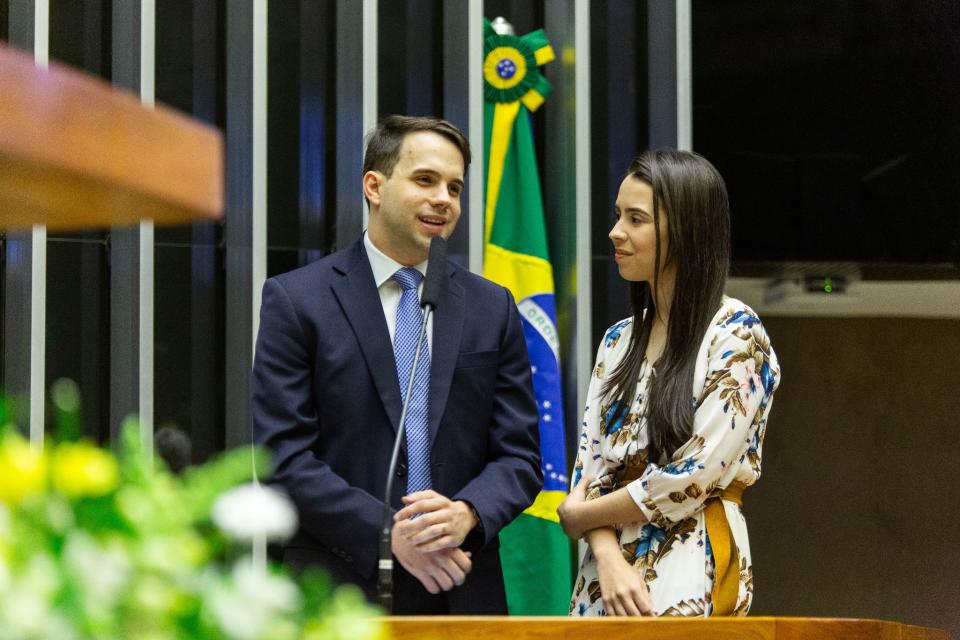 Natália and Pedro Brasileiro, representatives of the youth of The Church of Jesus Christ, speak during the special session in the Chamber of Deputies in Brasília, Brazil, on Thursday, Aug. 10, 2023. | The Church of Jesus Christ of Latter-day Saints