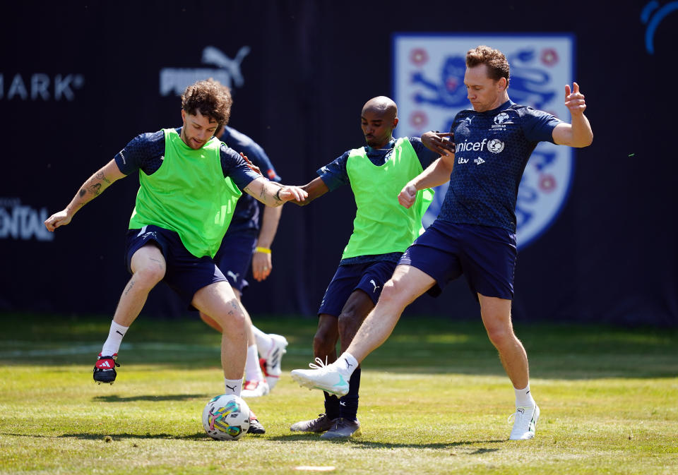 England's Tom Grennan, Sir Mo Farah and Tom Hiddleston training for Soccer Aid 2023