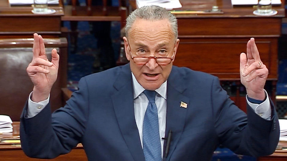 Senate Minority Leader Chuck Schumer (D-NY) speaks during debate ahead of the reconvening of the U.S. Senate impeachment trial of U.S. President Donald Trump in this frame grab from video shot in the U.S. Senate Chamber at the U.S. Capitol in Washington, U.S., January 21, 2020. (Photo: U.S. Senate TV/Handout via Reuters)