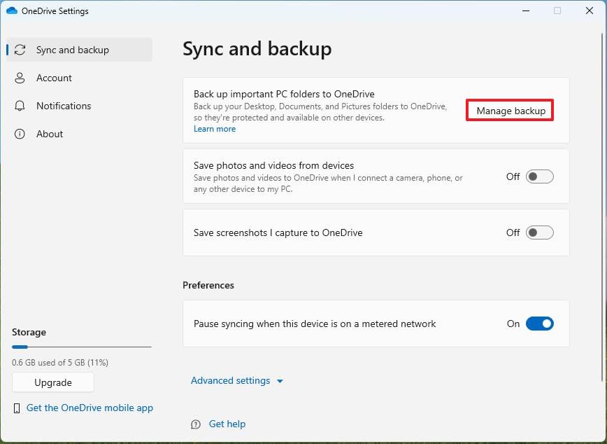 Open Manage backup settings